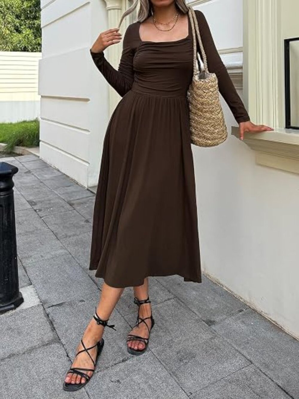 Mieazom Women Long Sleeve Casual Maxi Dress Smocked Fall Dresses Pockets